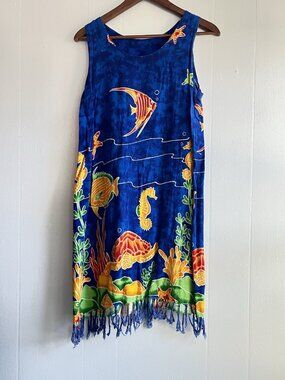 Koko Knot Dress Beach Swim Cover Blue Sea Life Rayon Fringe Island Tropical L